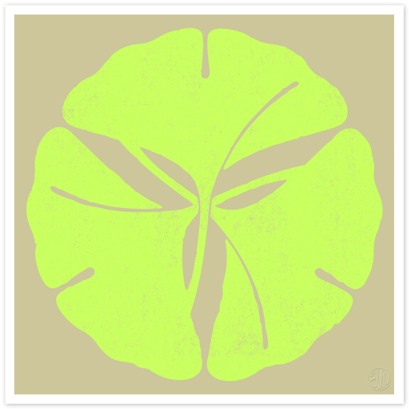 Illustration von 3 Ginkgo Blättern in neon grün vor goldenem Hintergrund